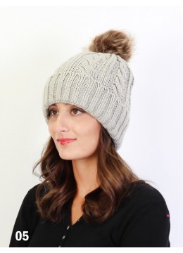 Cable Knitted Hat W/ Removable Pom Pom (Plush Inside) /Light Grey